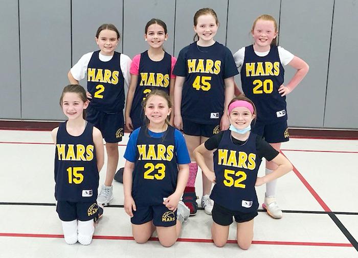 The MGYBA Fourth Grade Gold Team, including Mars Area Elementary School fourth-graders (front row, from left) Carys Hertzog, Bella Schuller, Emersyn Thimons, (back row) Mackenzie Powell, Monica Grunden, Meredith Lindsay and Shea Radford, advanced to the second round of the playoffs.